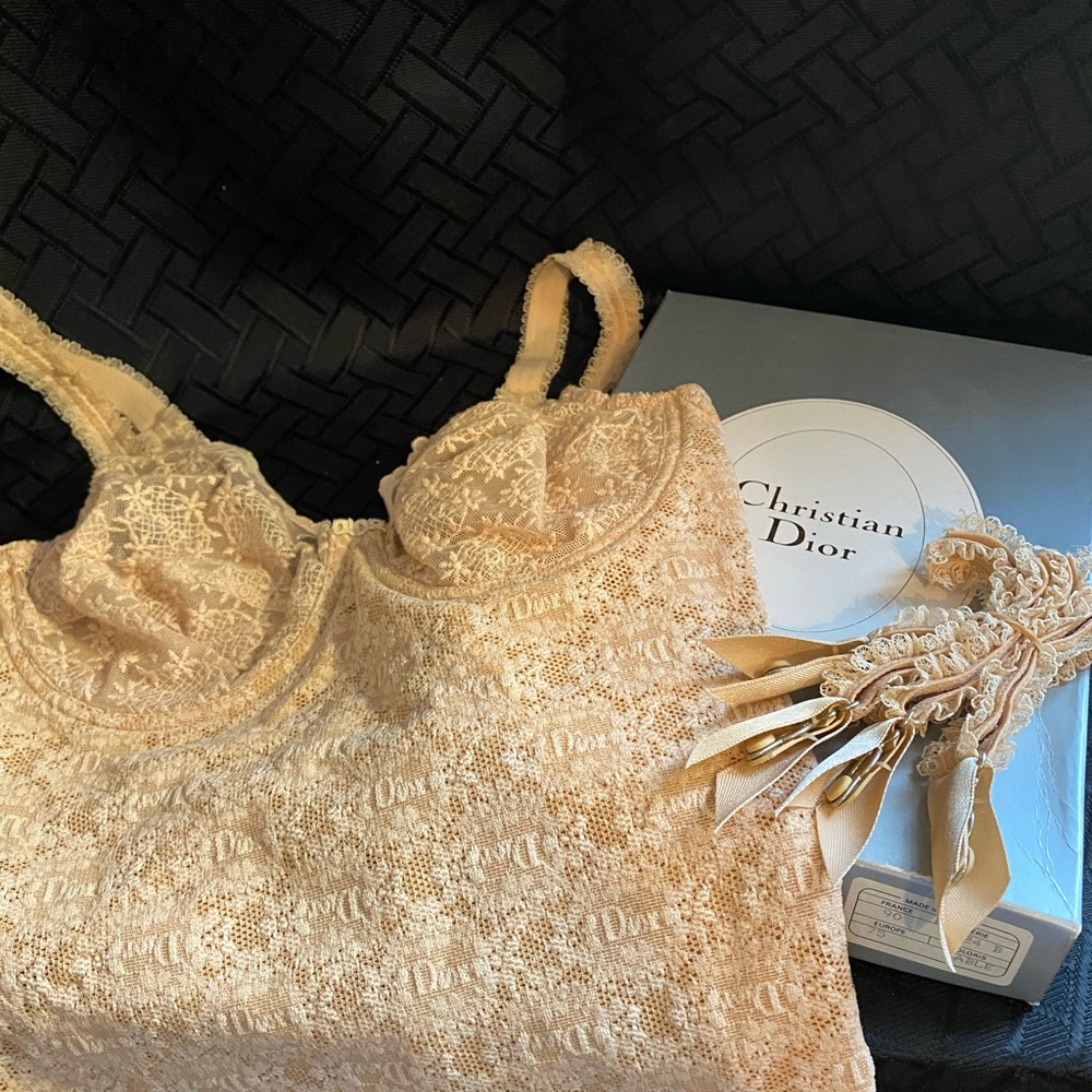 Dior Cream Lace Slip Chemise with Embroidered Logo